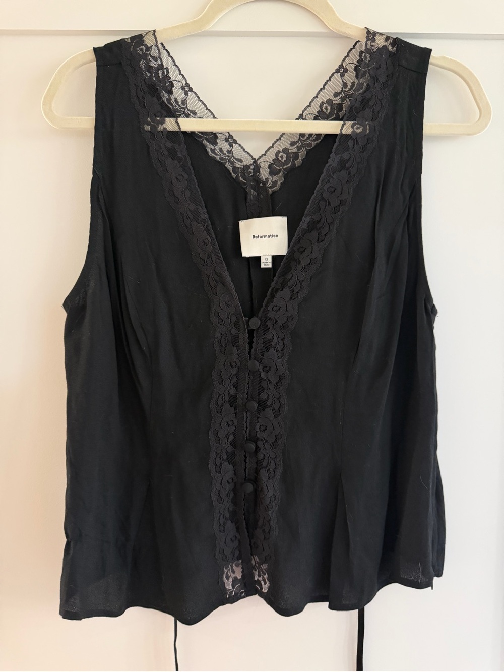 Reformation Black Lace-Trim Button Front Tank